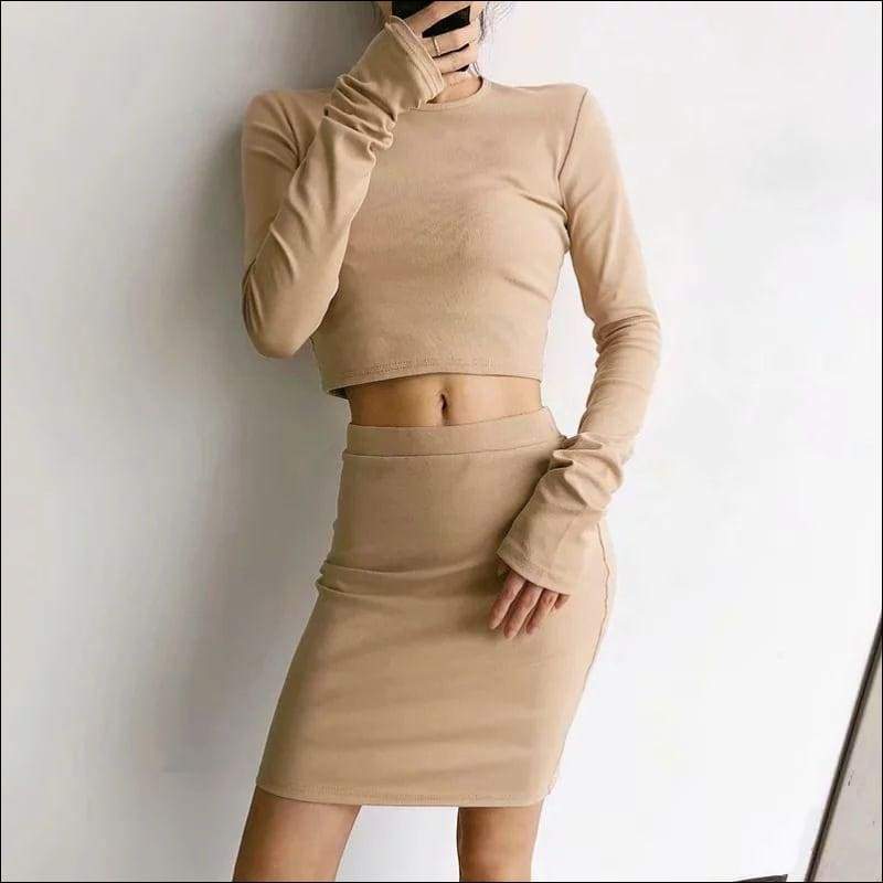Long-sleeve Crop Top Tight-fisted Tight - S / Khaki - Sets 