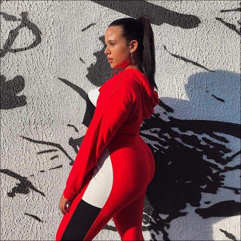 Long Sleeve Cropped Hoodies And Pants Set - M / Red+Black - 