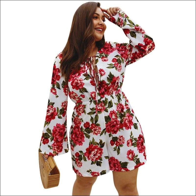 Long-sleeve Floral Pattern Romper - XL / White - Plus Size