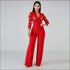 Long-sleeve Hollow Design V Neck Wide Leg Jumpsuits