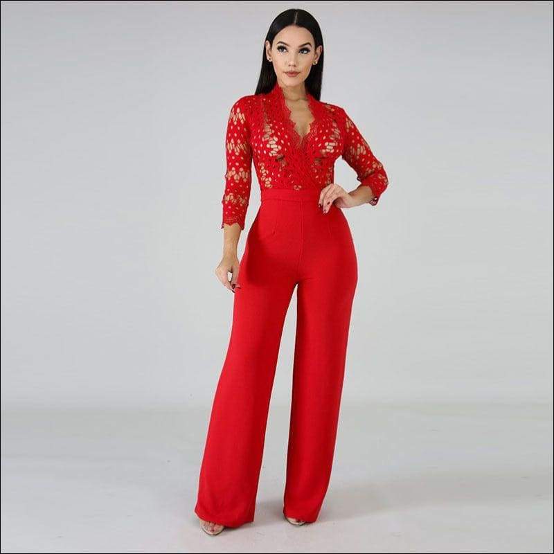 Long-sleeve Hollow Design V Neck Wide Leg Jumpsuits - M / 