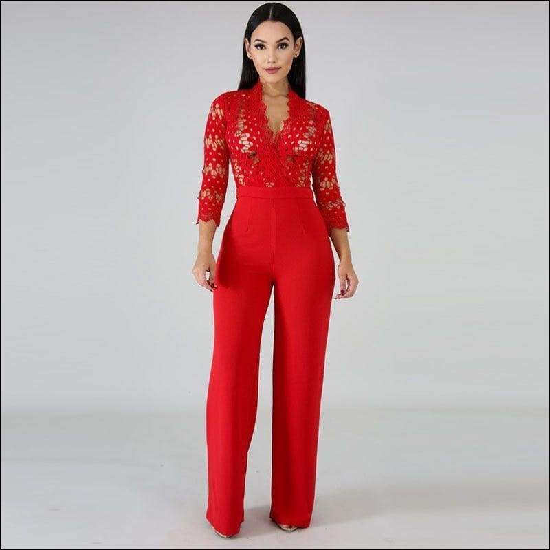 Long-sleeve Hollow Design V Neck Wide Leg Jumpsuits - S / 