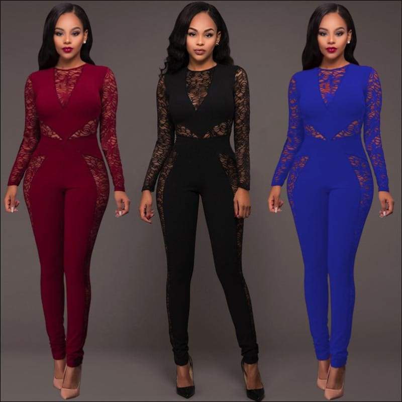 Long-sleeve Lace Patchwork Round Neckline Jumpsuits - 