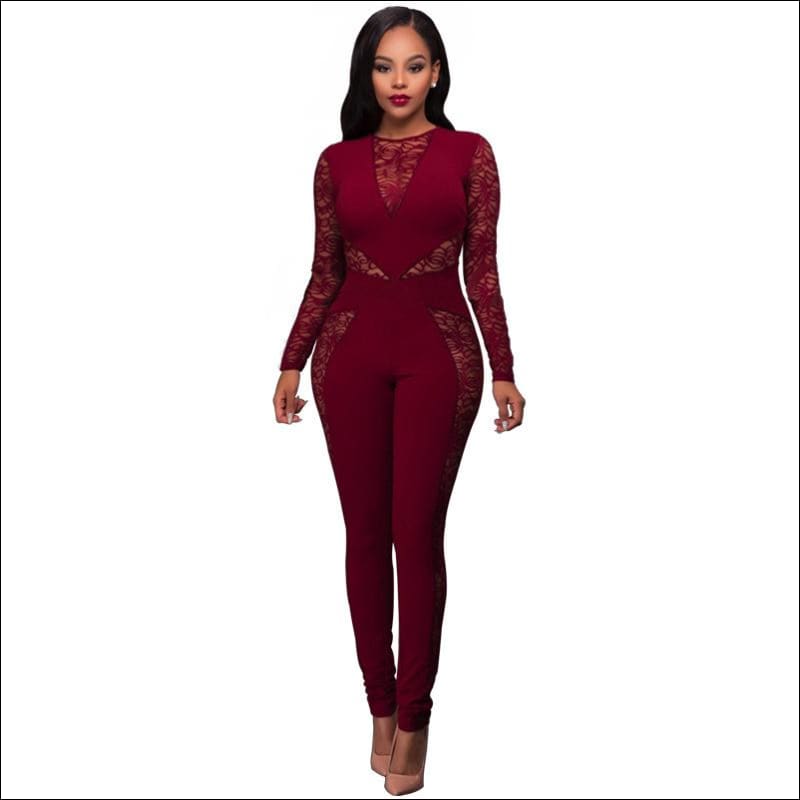Long-sleeve Lace Patchwork Round Neckline Jumpsuits - S / 
