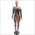 Long-sleeve Leopard Lace Patchwork Oblique Shoulder Tight Jumpsuits
