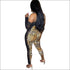 Long-sleeve Leopard Lace Patchwork Oblique Shoulder Tight Jumpsuits