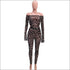 Long-sleeve Off Shoulder Hollow Geometric Print Tight Jumpsuits