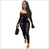 Long-sleeve Off Shoulder Hollow Geometric Print Tight Jumpsuits
