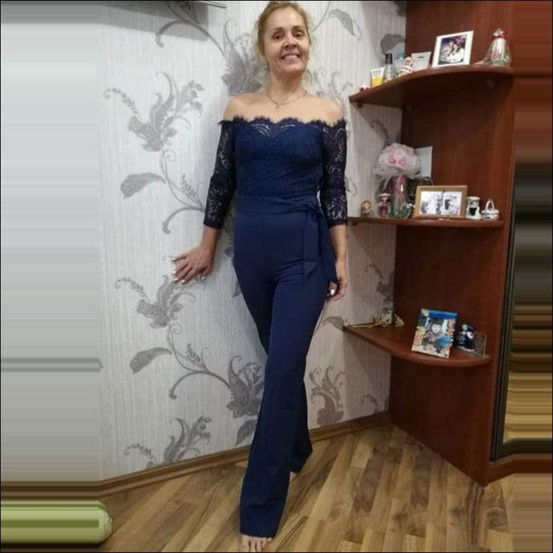 Long-sleeve Off-the-Shoulder Lace Patchwork Jumpsuits - 