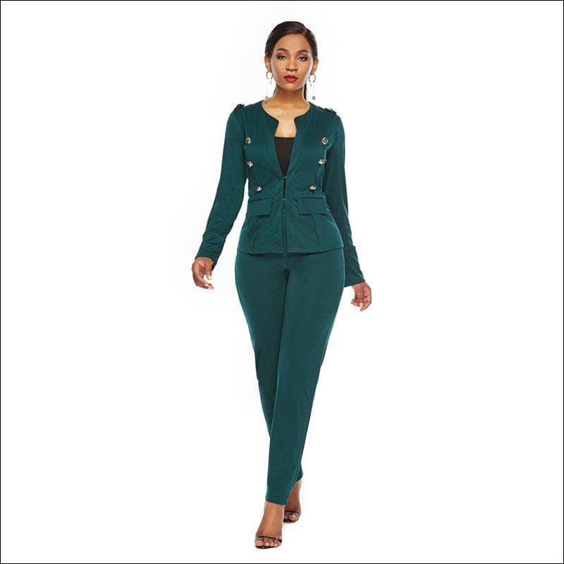 Long-sleeve Single-breasted Suit Set - S / D.Green - Sets 