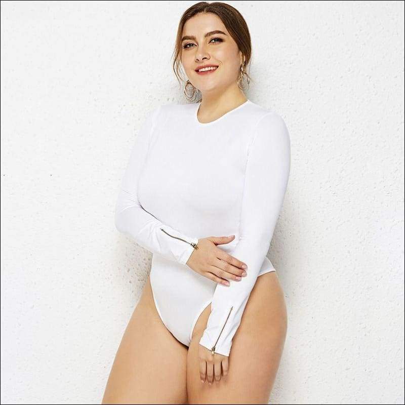 Long Sleeve Stretchy Tight Bodysuits - XL / White - Plus 