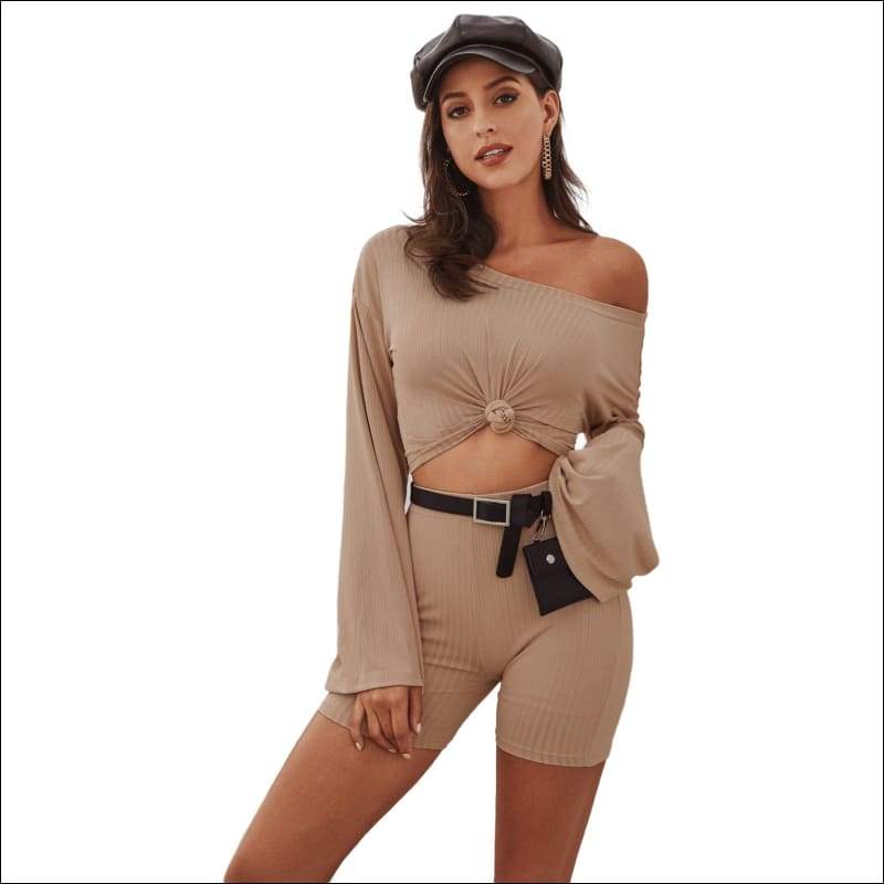 Long-sleeve Top And Slim Shorts Two Pieces Sets - M / Khaki 