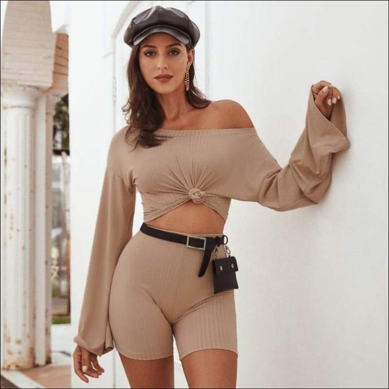 Long-sleeve Top And Slim Shorts Two Pieces Sets - S / Khaki 