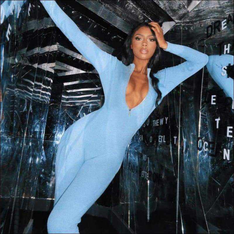 Long-sleeve Zipper Knitted Tight Jumpsuits - M / Blue - 