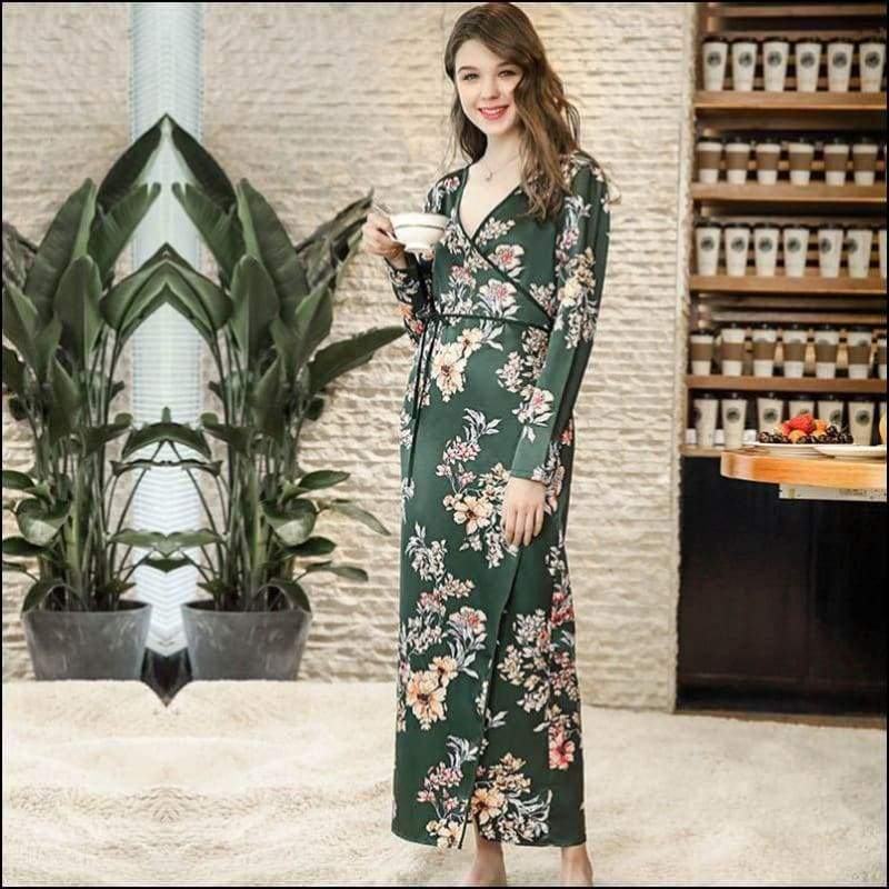 Long Sleeves Leisure Nightgown Floral Print - F / D.Green - 