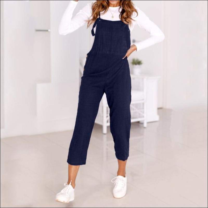 Loose Pattern Buttoned Jumpsuits - S / Navy Blue - Jumpsuits