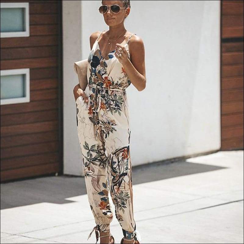 Loose Pattern Women Spaghetti Strap Surplice Jumpsuits - S /
