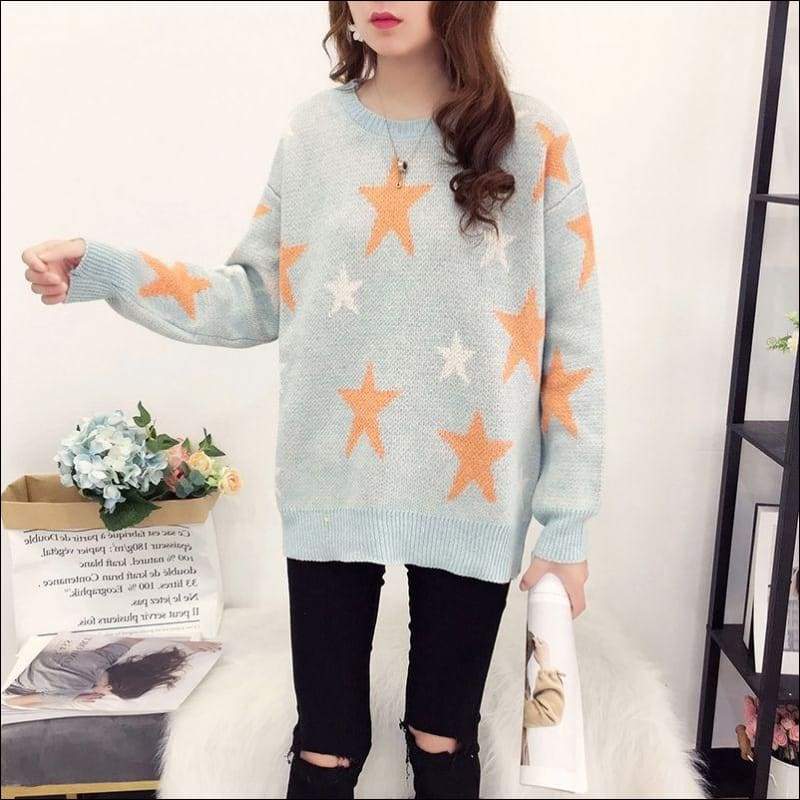 Loose Star Pattern Pullover Knitwear - F / Blue - Petite 