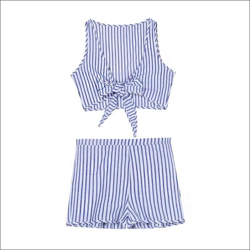Low Cut Striped Tops+High-waisted Shorts 2Pcs/Set Suit - XL 