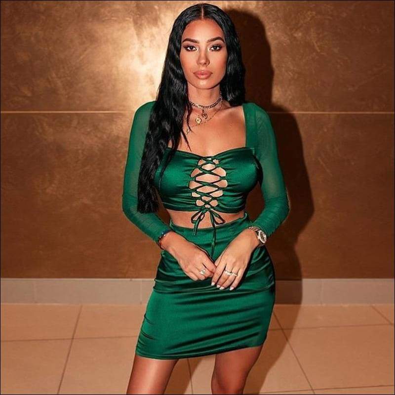 Mesh Patchwork Long Sleeve Top And Solid Color Bodycon Skirt