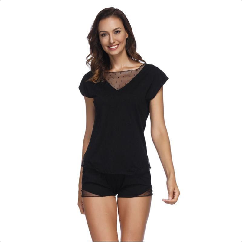 Mesh Patchwork Short-sleeve Unique V Neck Pajama Set - M / 