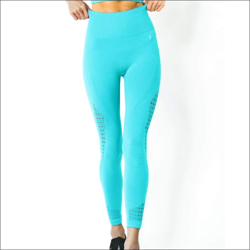 Mesh Seamless Legging with Ribbing Detail - Aqua - Women’s 