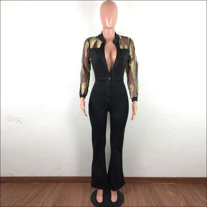 Mesh See-through Feather Embroidery Long-sleeve - Jumpsuits