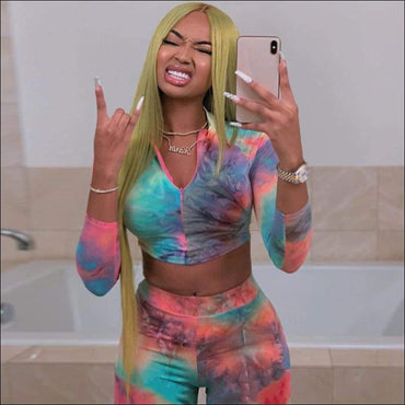 Multicolor Long-sleeve Stand Collar Zipper Top And Skinny Pants