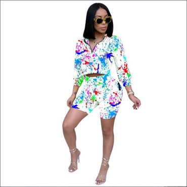 Multicolor Print Casual V Neck Top Tight Leggings