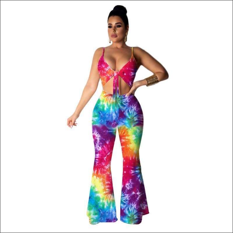 Multicolor Tie-dye Design Women Cropped Strappy Top Flare 