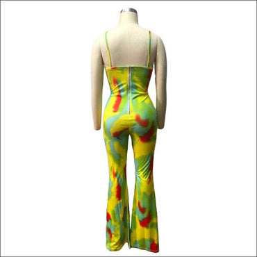 Multicolor Tie-dye Design Women Cropped Strappy Top Flare Pants Set