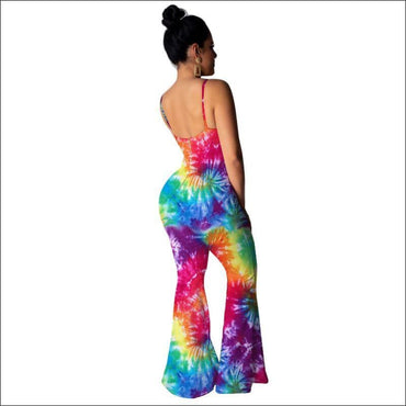 Multicolor Tie-dye Design Women Cropped Strappy Top Flare Pants Set