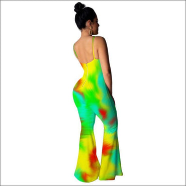 Multicolor Tie-dye Design Women Cropped Strappy Top Flare Pants Set