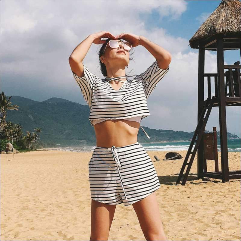 Navel bind Striped Short Sleeved Two Piece Suit - S / Stripe