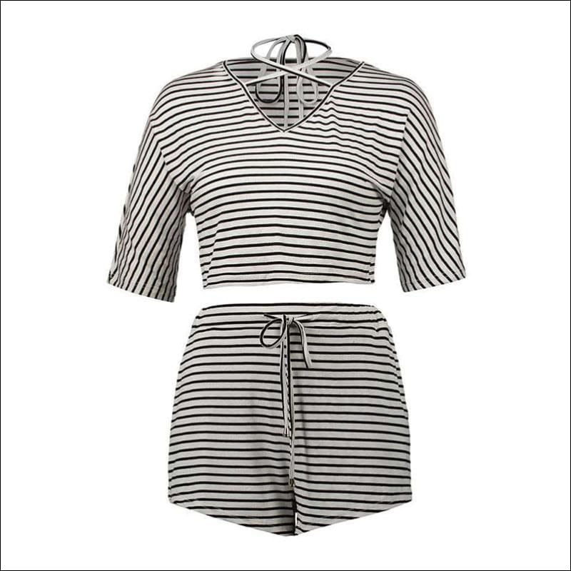 Navel bind Striped Short Sleeved Two Piece Suit - XL / 