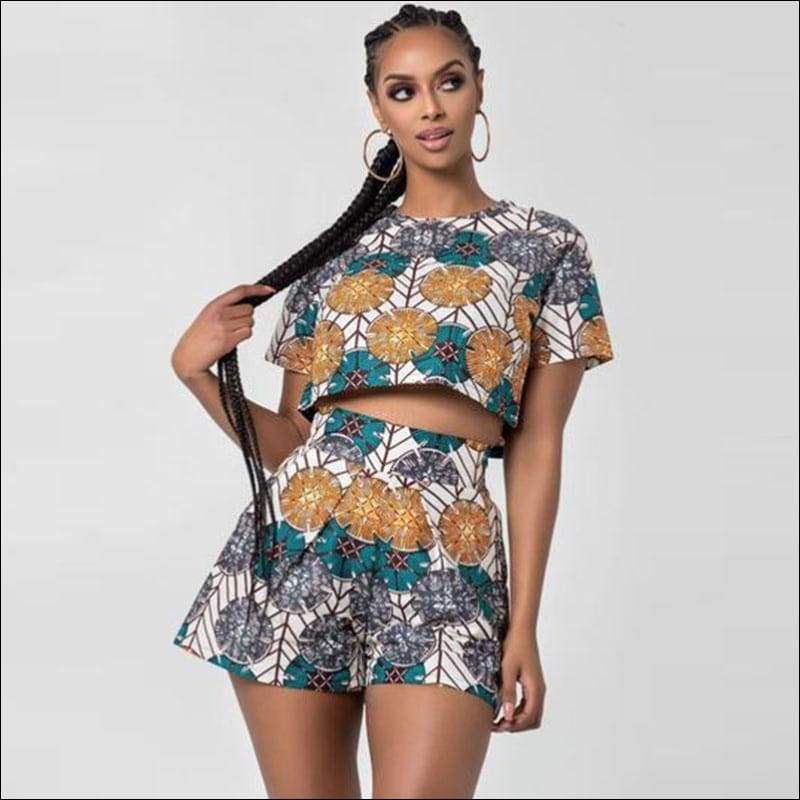 Neckline Print Short Top And High-waisted Shorts - S / White