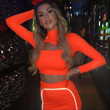 Neon Color Long-sleeve Hollow Top And Bodycon Skirt