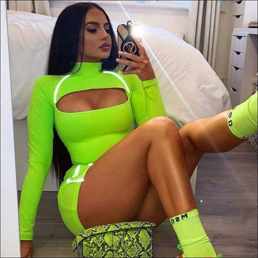 Neon Color Long-sleeve Hollow Top And Bodycon Skirt