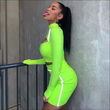 Neon Color Long-sleeve Hollow Top And Bodycon Skirt