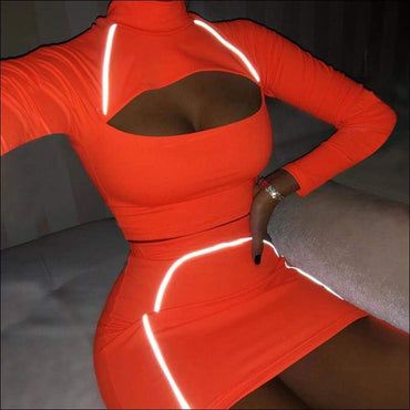 Neon Color Long-sleeve Hollow Top And Bodycon Skirt