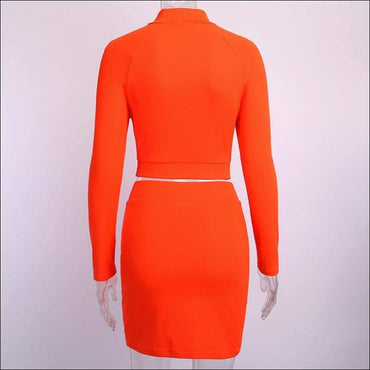 Neon Color Long-sleeve Hollow Top And Bodycon Skirt