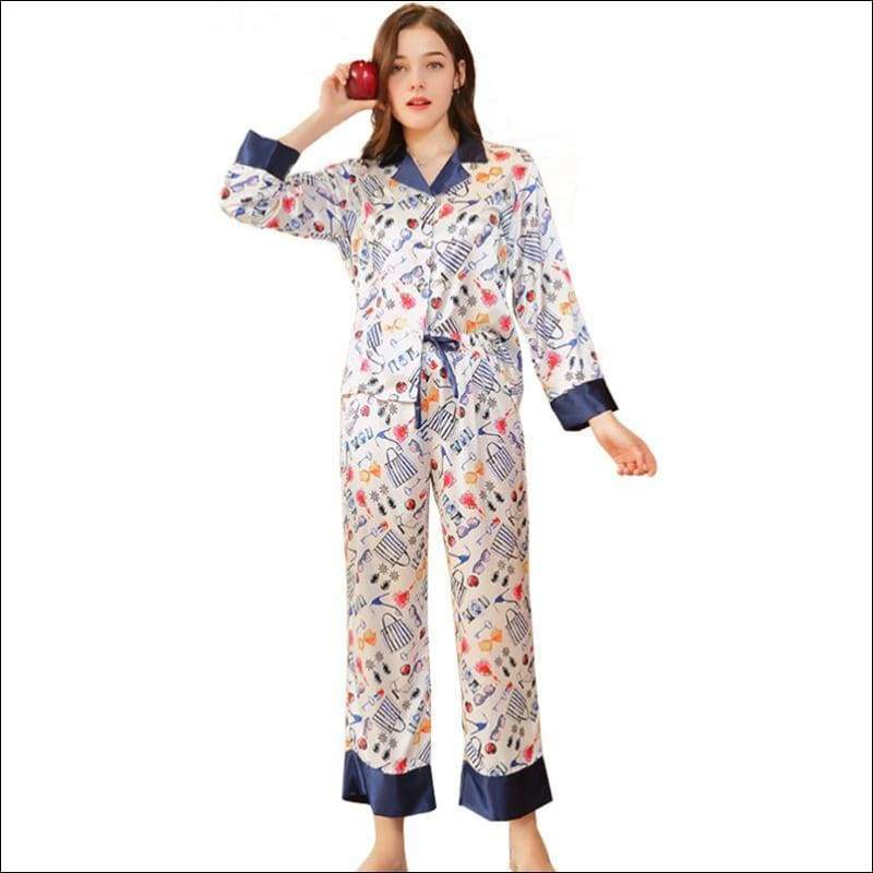 Night Wear Blouse And Pants Set Print Smooth Silk - L / 