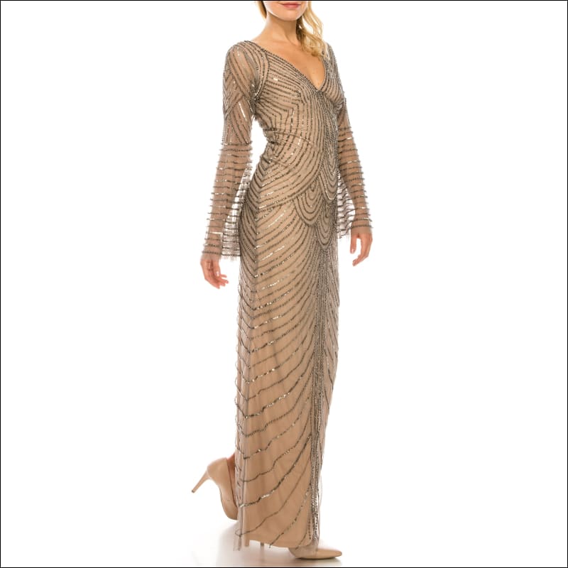 Mercury Nude Beaded Mesh Evening Gown - 4 / GREY - Dresses