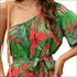 Oblique Shoulder Lace-up Leaf Print Vacation Style Jumpsuits