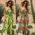 Oblique Shoulder Lace-up Leaf Print Vacation Style Jumpsuits
