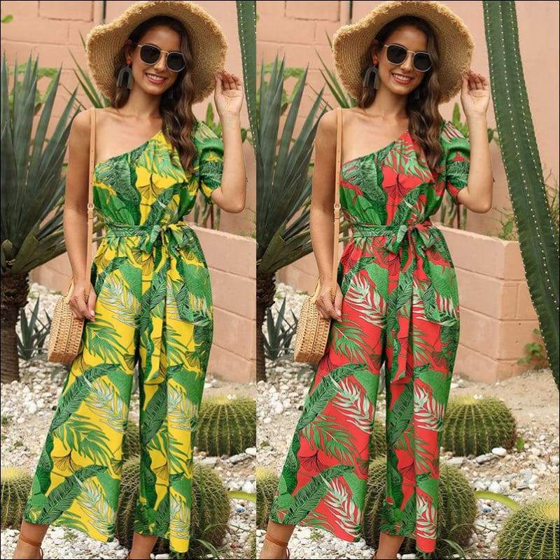 Oblique Shoulder Lace-up Leaf Print Vacation Style Jumpsuits