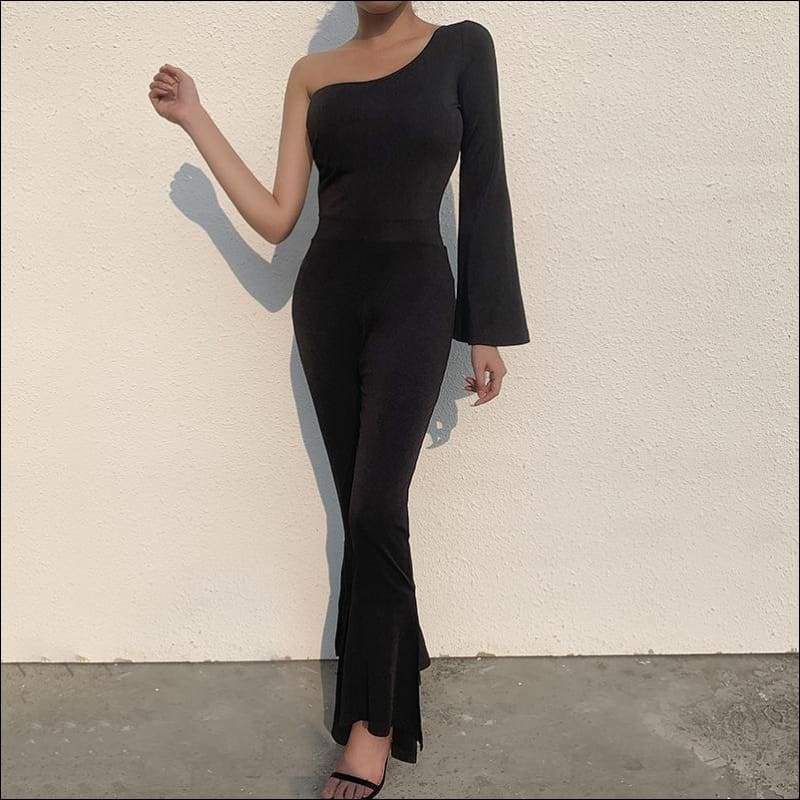 Oblique Shoulder Long-sleeve High-waisted Wide Leg Jumpsuits
