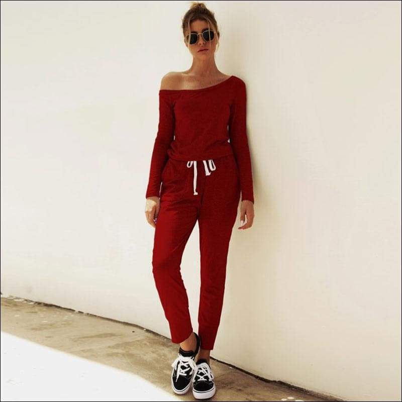 Oblique Shoulder Long Sleeve Lace-up Casual Jumpsuits - S / 