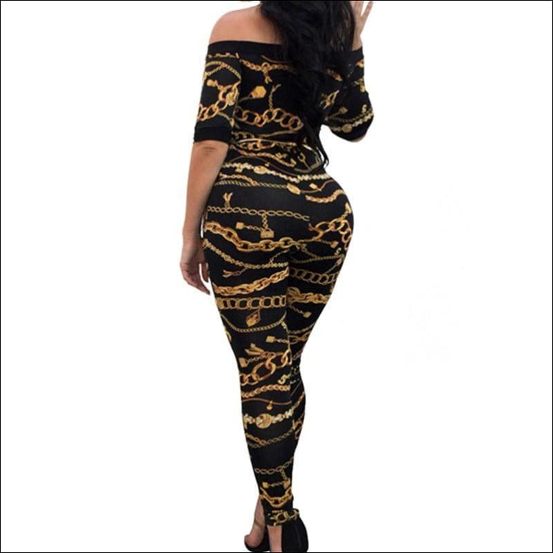 Off-shoulder Contrast Chain Print Jumpsuits - M / Black - 
