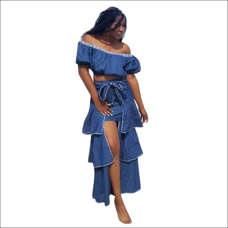 Off-shoulder Cropped Top Flouncing Irregular Hemline Maxi 